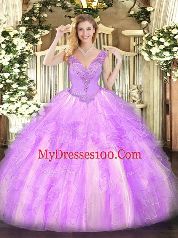 High Quality Lilac Quinceanera Gown Military Ball and Sweet 16 and Quinceanera with Beading and Ruffles V-neck Sleeveless Lace Up