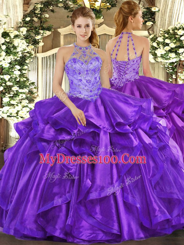 Purple Halter Top Neckline Beading and Embroidery and Ruffles 15th Birthday Dress Sleeveless Lace Up