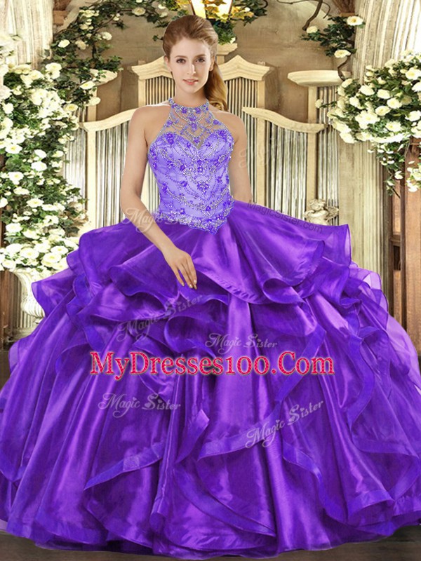 Purple Halter Top Neckline Beading and Embroidery and Ruffles 15th Birthday Dress Sleeveless Lace Up