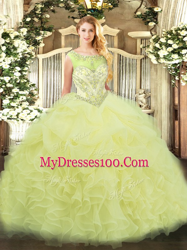 Romantic Scoop Sleeveless Zipper Sweet 16 Dress Yellow Organza