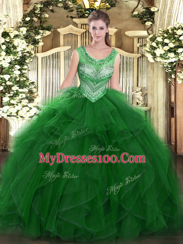 Dramatic Beading and Ruffles Sweet 16 Dresses Green Lace Up Sleeveless Floor Length