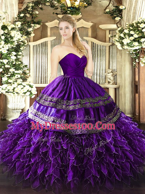 High Quality Organza and Taffeta Sleeveless Floor Length 15th Birthday Dress and Embroidery and Ruffles