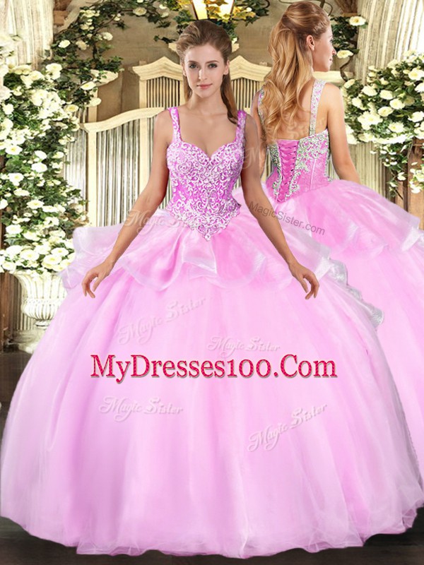 High Class Pink Straps Neckline Beading Quinceanera Dress Sleeveless Lace Up