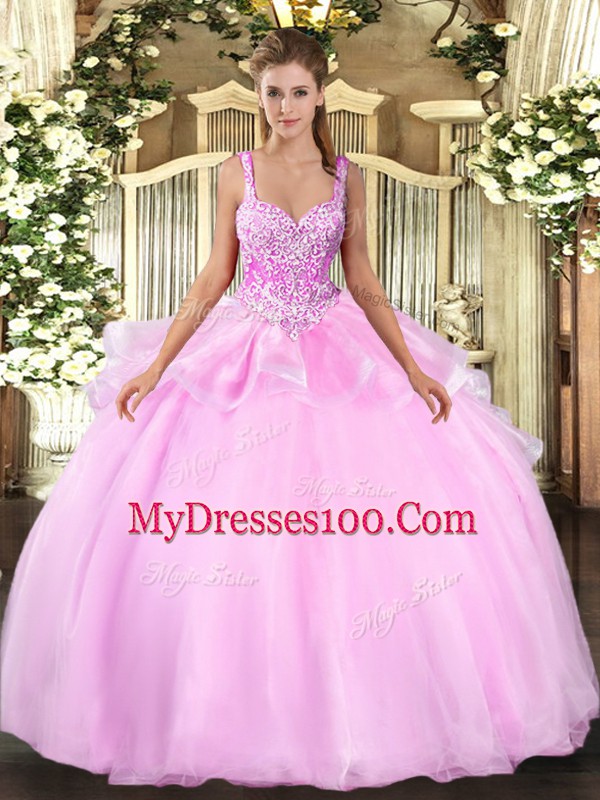 High Class Pink Straps Neckline Beading Quinceanera Dress Sleeveless Lace Up