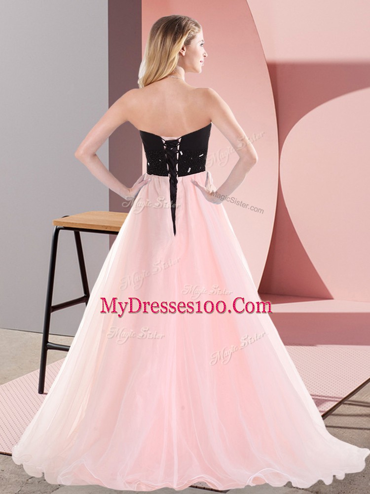 Pink And Black Tulle Lace Up Prom Dress Sleeveless Floor Length Belt