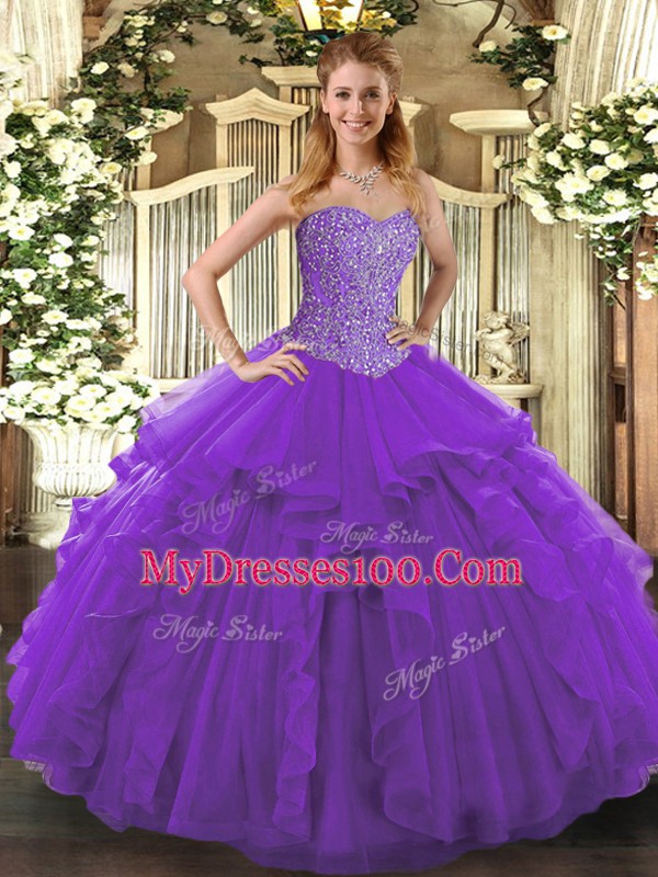 Beautiful Beading and Ruffles 15th Birthday Dress Purple Lace Up Sleeveless Floor Length