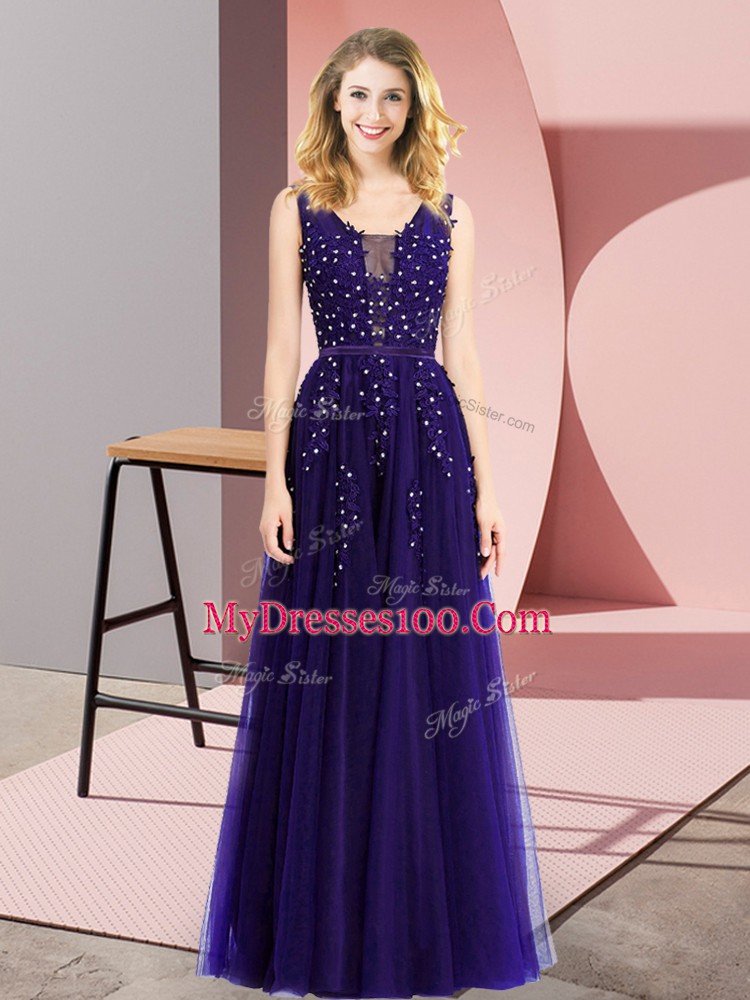 Most Popular Purple Empire Square Sleeveless Tulle Floor Length Backless Beading and Appliques Prom Evening Gown