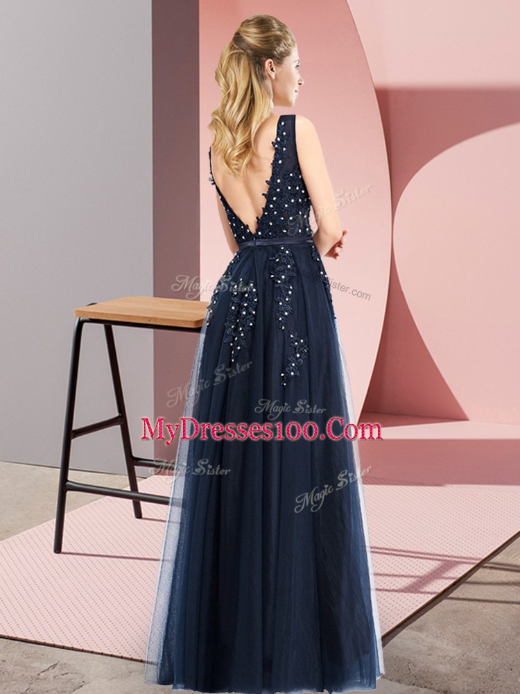 Most Popular Purple Empire Square Sleeveless Tulle Floor Length Backless Beading and Appliques Prom Evening Gown