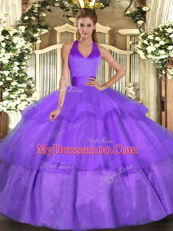 Nice Lavender Ball Gowns Halter Top Sleeveless Tulle Floor Length Lace Up Ruffled Layers Quinceanera Gowns