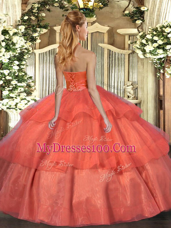 Nice Lavender Ball Gowns Halter Top Sleeveless Tulle Floor Length Lace Up Ruffled Layers Quinceanera Gowns