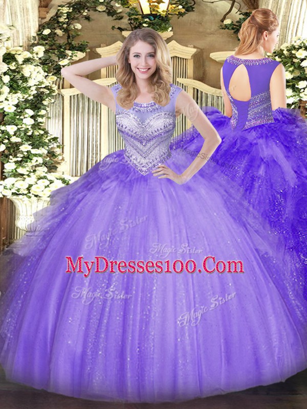 Custom Made Sleeveless Floor Length Beading Lace Up Sweet 16 Quinceanera Dress with Lavender
