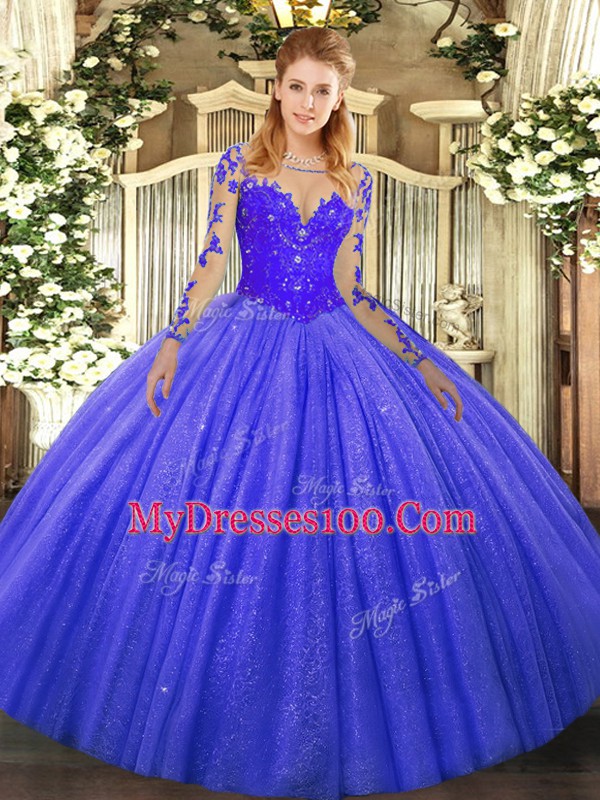 Graceful Ball Gowns 15th Birthday Dress Blue Scoop Tulle Long Sleeves Floor Length Lace Up