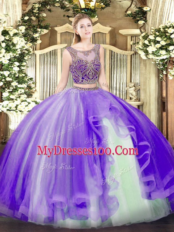 Beading and Ruffles Sweet 16 Dress Lavender Lace Up Sleeveless Floor Length