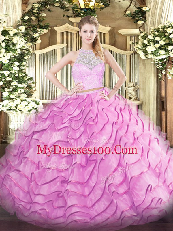 Tulle Scoop Sleeveless Brush Train Zipper Lace and Ruffled Layers Ball Gown Prom Dress in Rose Pink