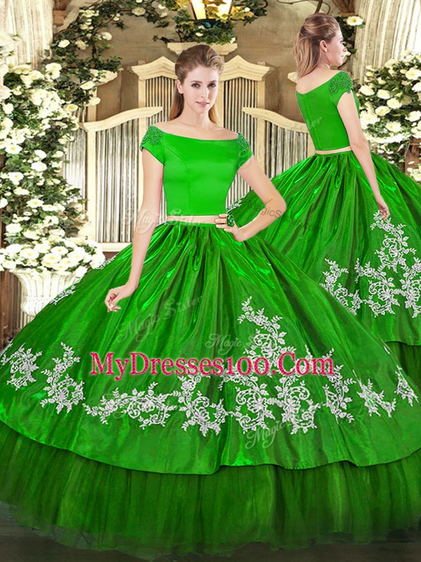 Organza and Taffeta Off The Shoulder Short Sleeves Zipper Embroidery Quince Ball Gowns in Green