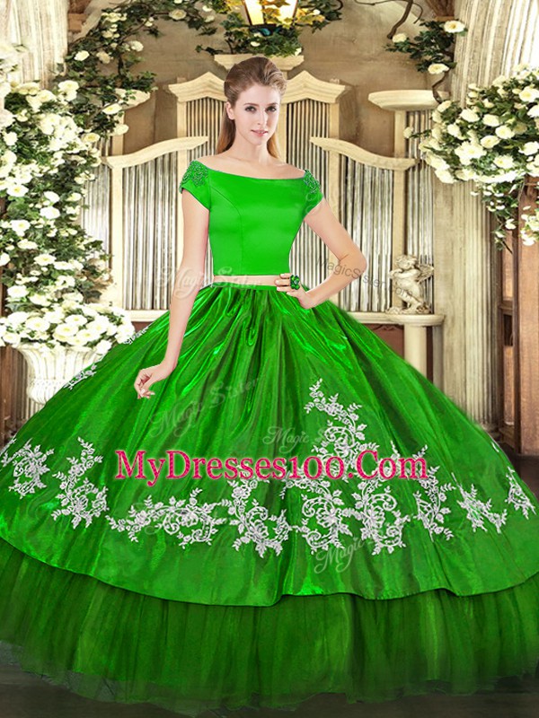 Organza and Taffeta Off The Shoulder Short Sleeves Zipper Embroidery Quince Ball Gowns in Green