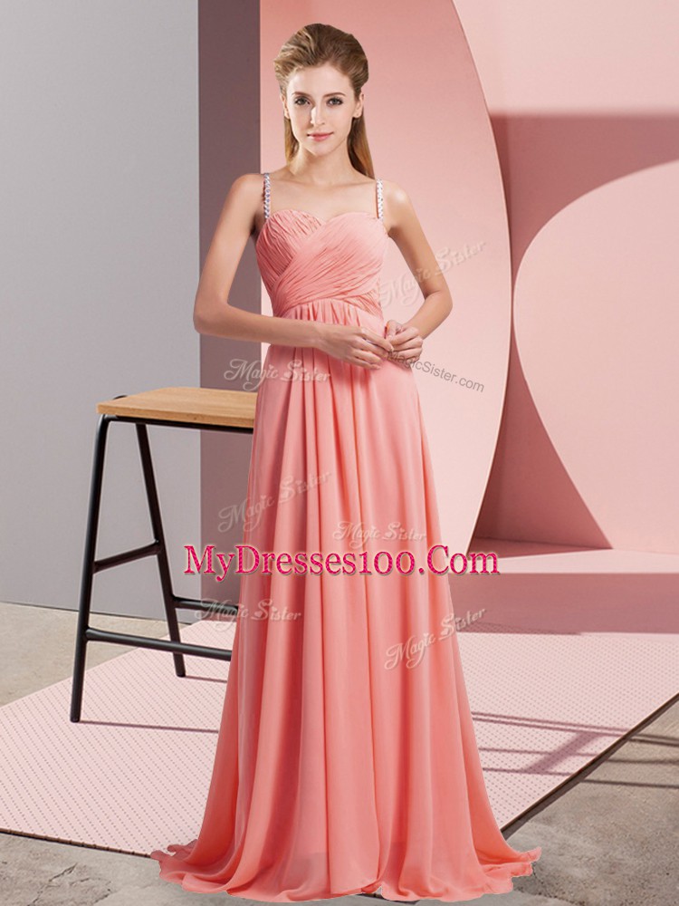 Watermelon Red Chiffon Backless Spaghetti Straps Sleeveless Prom Gown Sweep Train Ruching