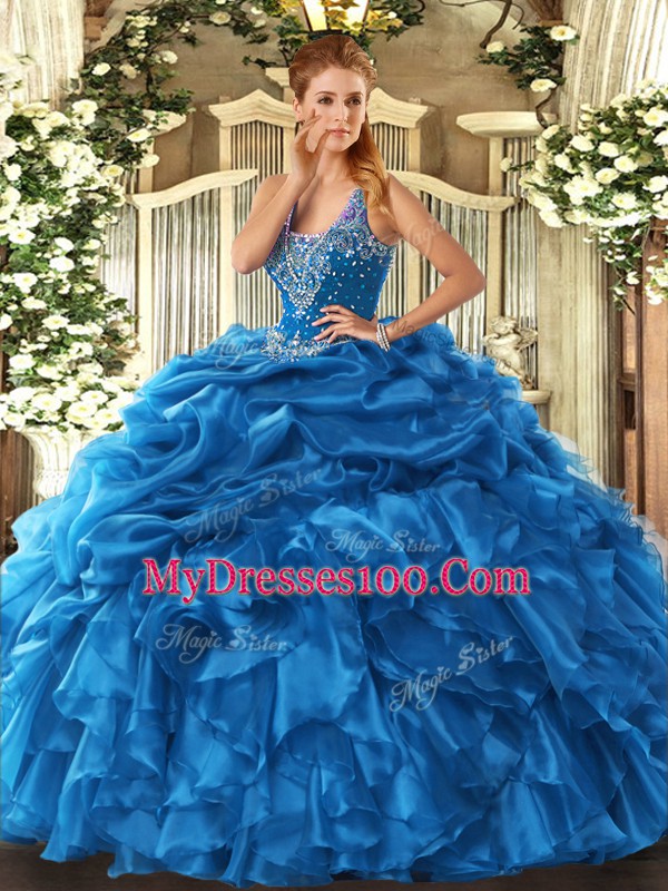Floor Length Lace Up Sweet 16 Dress Blue for Military Ball and Sweet 16 and Quinceanera with Beading and Ruffles and Pick Ups