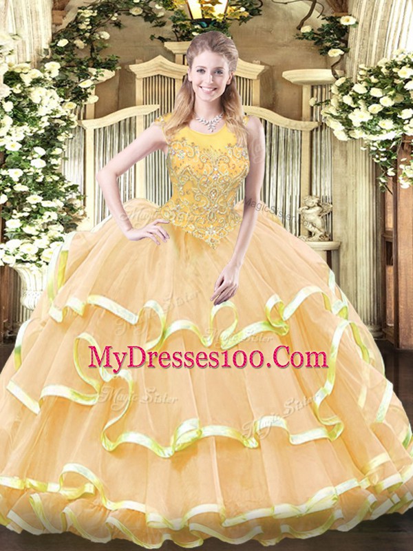 Floor Length Ball Gowns Sleeveless Gold Quinceanera Gown Zipper