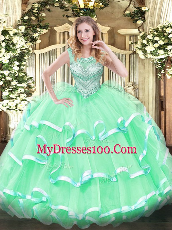 Glorious Apple Green Quince Ball Gowns Sweet 16 and Quinceanera with Beading and Ruffles Scoop Sleeveless Lace Up