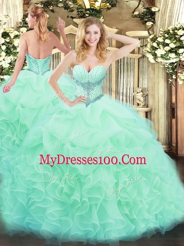 Glittering Apple Green Sleeveless Organza Lace Up Sweet 16 Quinceanera Dress for Military Ball and Sweet 16 and Quinceanera