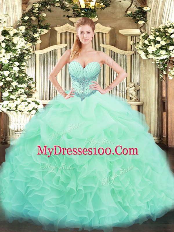Glittering Apple Green Sleeveless Organza Lace Up Sweet 16 Quinceanera Dress for Military Ball and Sweet 16 and Quinceanera