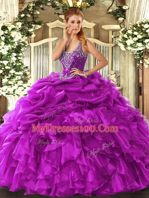 Charming Straps Sleeveless Lace Up Vestidos de Quinceanera Fuchsia Organza