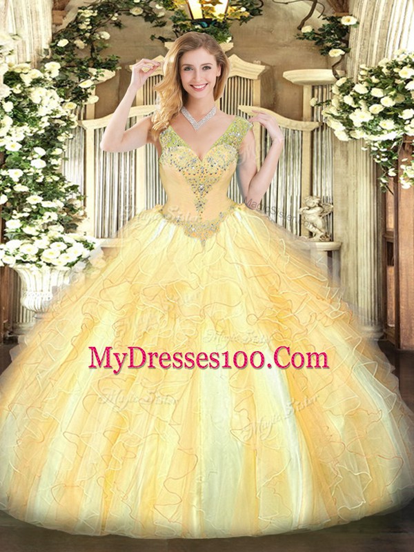 Sleeveless Organza Floor Length Lace Up Quince Ball Gowns in Gold with Beading and Ruffles