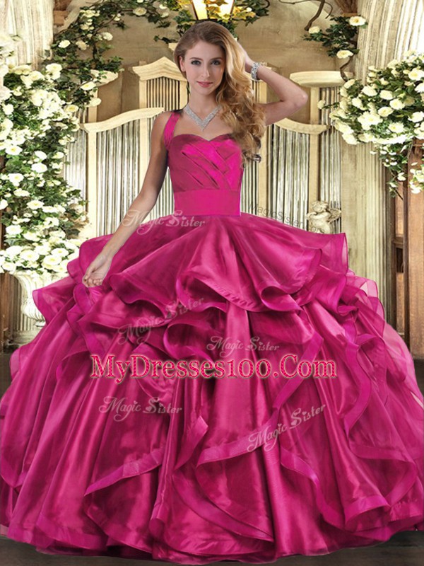Free and Easy Fuchsia Sleeveless Floor Length Ruffles Lace Up Quinceanera Dresses