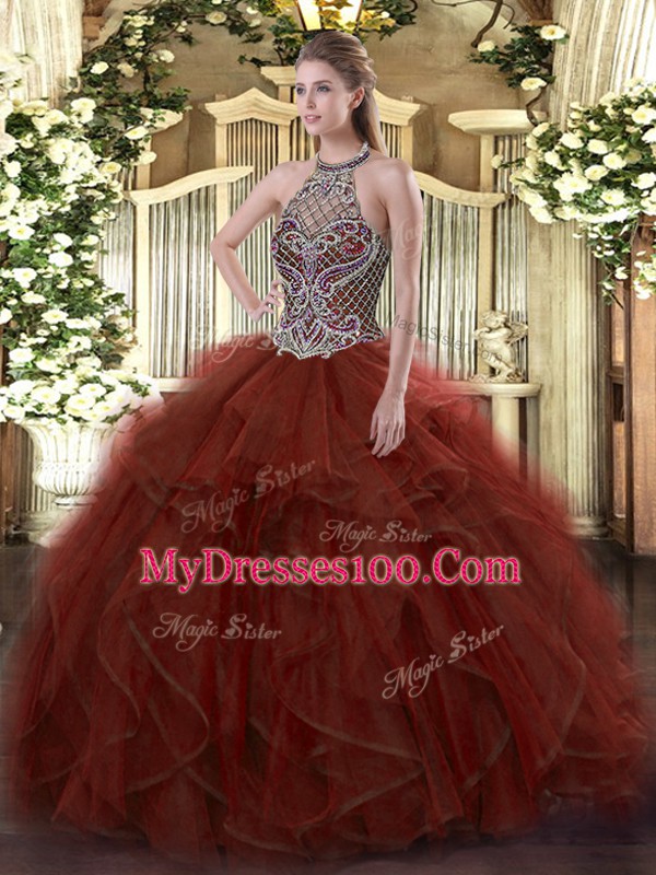 Rust Red Sleeveless Organza Lace Up Sweet 16 Dress for Sweet 16 and Quinceanera