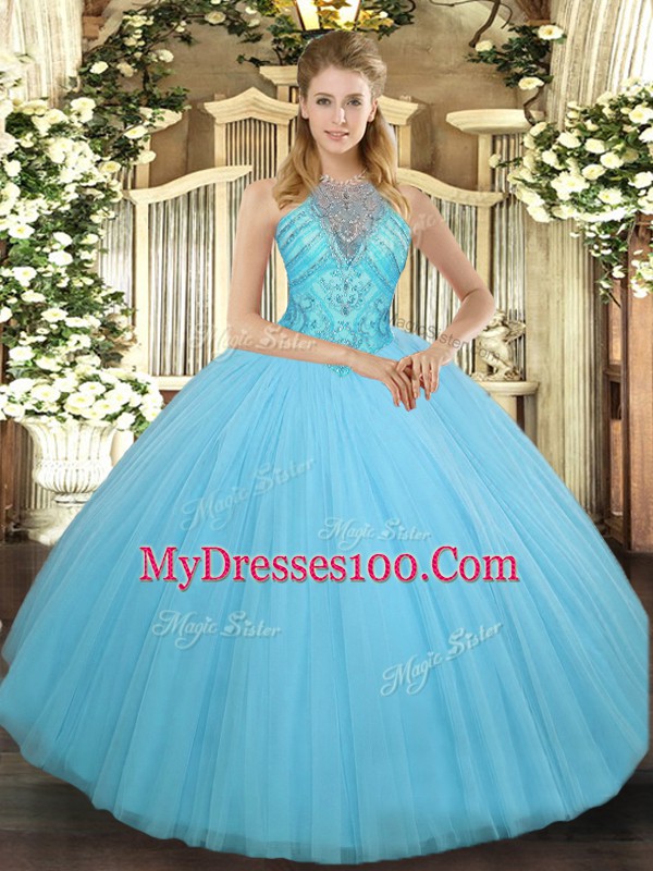 Delicate Sleeveless Floor Length Beading Lace Up Ball Gown Prom Dress with Aqua Blue
