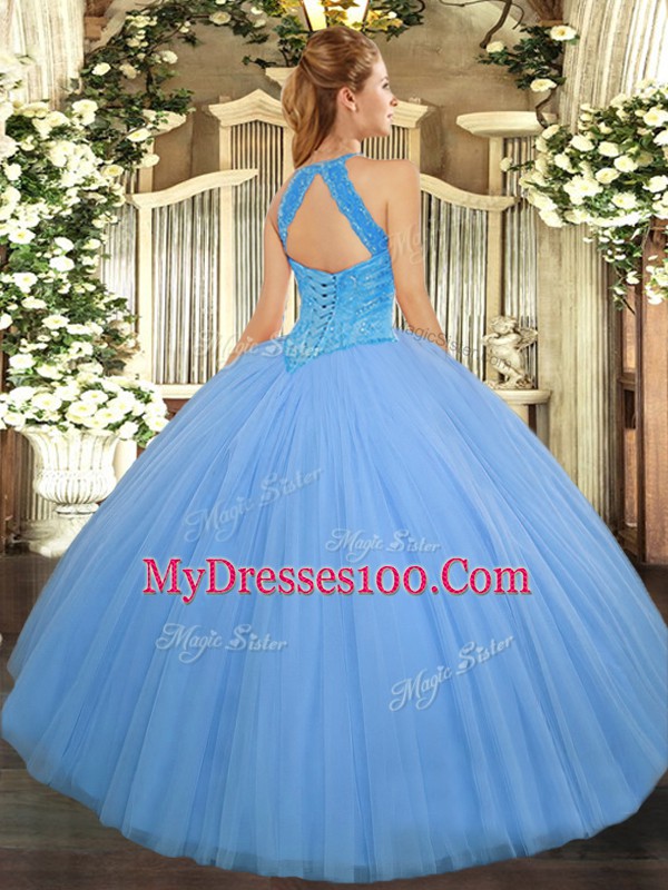 Delicate Sleeveless Floor Length Beading Lace Up Ball Gown Prom Dress with Aqua Blue