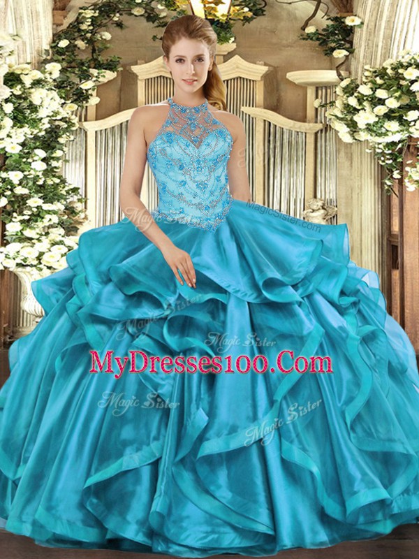 Enchanting Floor Length Teal Sweet 16 Dress Halter Top Sleeveless Lace Up