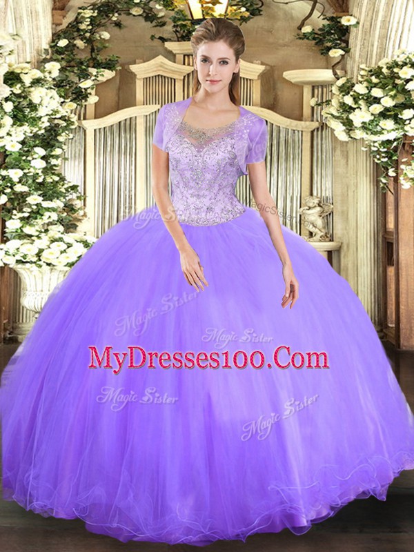Lavender Ball Gowns Beading 15 Quinceanera Dress Clasp Handle Tulle Sleeveless Floor Length
