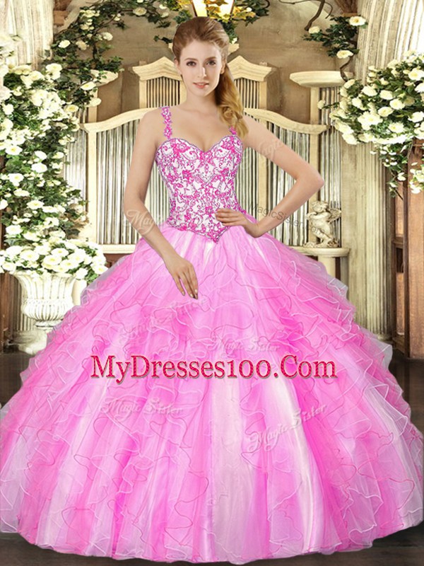 Sleeveless Floor Length Appliques and Ruffles Lace Up Quinceanera Gowns with Lilac