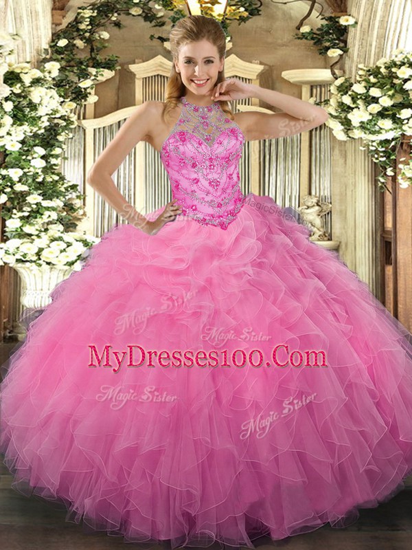 Attractive Halter Top Sleeveless Lace Up Quinceanera Dress Rose Pink Organza