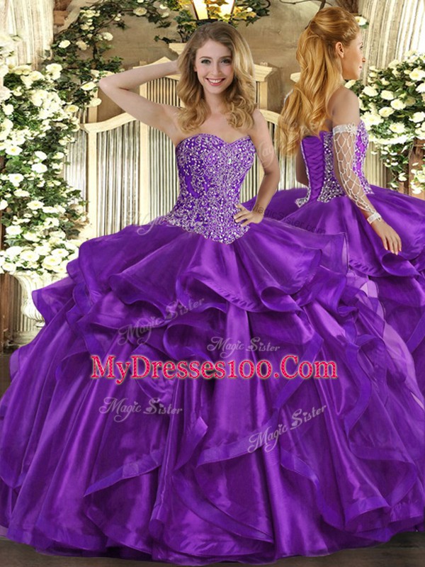 Purple Organza Lace Up Sweetheart Sleeveless Floor Length Quince Ball Gowns Beading and Ruffles
