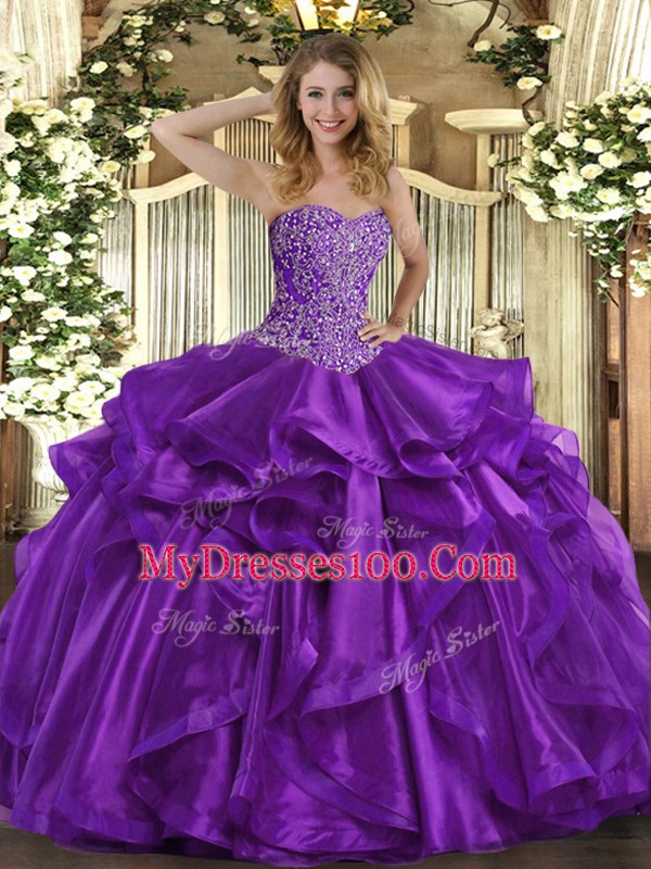 Purple Organza Lace Up Sweetheart Sleeveless Floor Length Quince Ball Gowns Beading and Ruffles