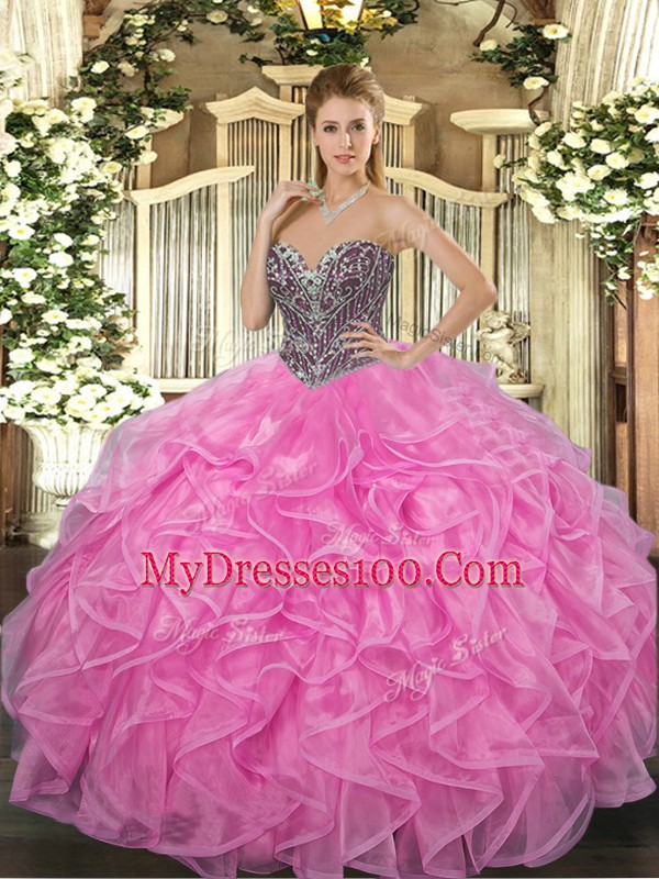 Elegant Rose Pink Ball Gowns Beading and Ruffles Quinceanera Dress Lace Up Organza Sleeveless Floor Length
