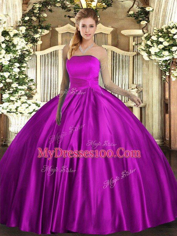Floor Length Fuchsia Vestidos de Quinceanera Strapless Sleeveless Lace Up