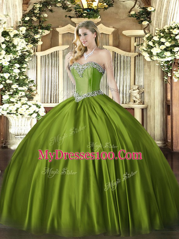 Sweet Sleeveless Floor Length Beading Lace Up Sweet 16 Quinceanera Dress with Olive Green