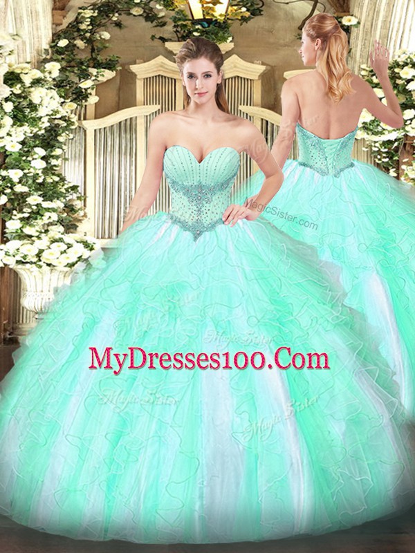Trendy Sleeveless Tulle Floor Length Lace Up 15th Birthday Dress in Apple Green with Beading and Ruffles
