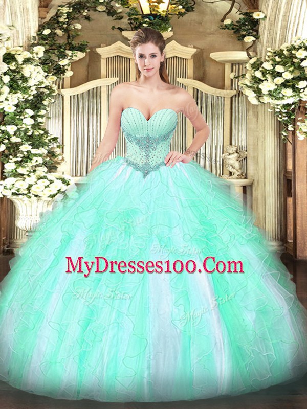Trendy Sleeveless Tulle Floor Length Lace Up 15th Birthday Dress in Apple Green with Beading and Ruffles