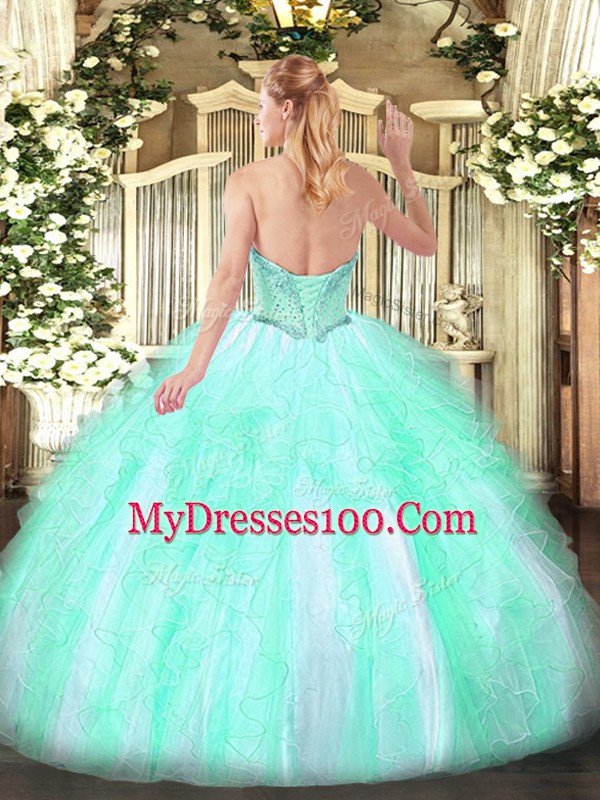 Trendy Sleeveless Tulle Floor Length Lace Up 15th Birthday Dress in Apple Green with Beading and Ruffles