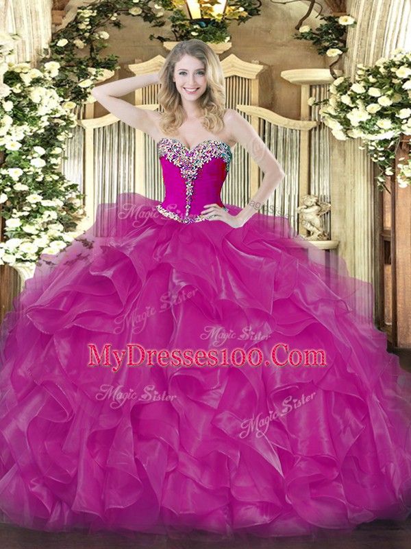 Organza Sweetheart Sleeveless Lace Up Beading and Ruffles Quinceanera Dresses in Fuchsia