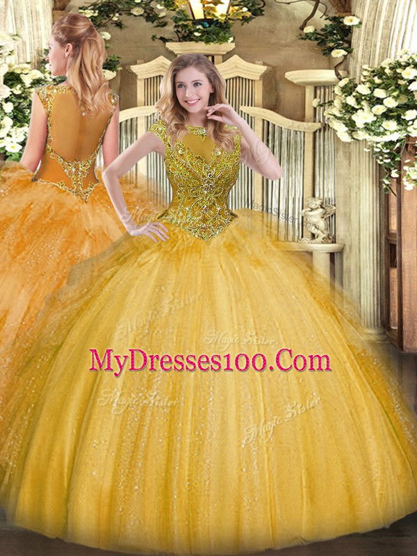 Scoop Sleeveless 15th Birthday Dress Floor Length Beading and Ruffles Gold Tulle