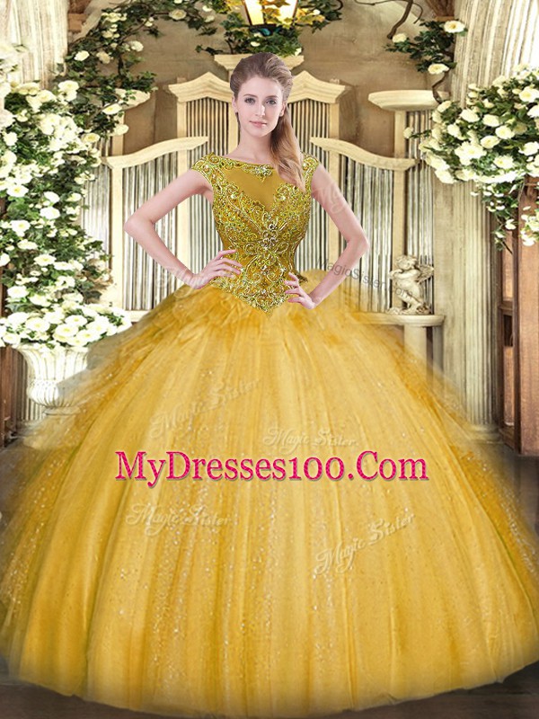 Scoop Sleeveless 15th Birthday Dress Floor Length Beading and Ruffles Gold Tulle