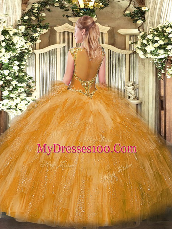Scoop Sleeveless 15th Birthday Dress Floor Length Beading and Ruffles Gold Tulle
