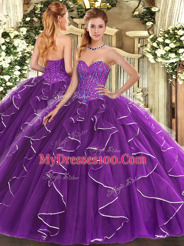 Low Price Sweetheart Sleeveless Lace Up Quinceanera Dress Purple Tulle