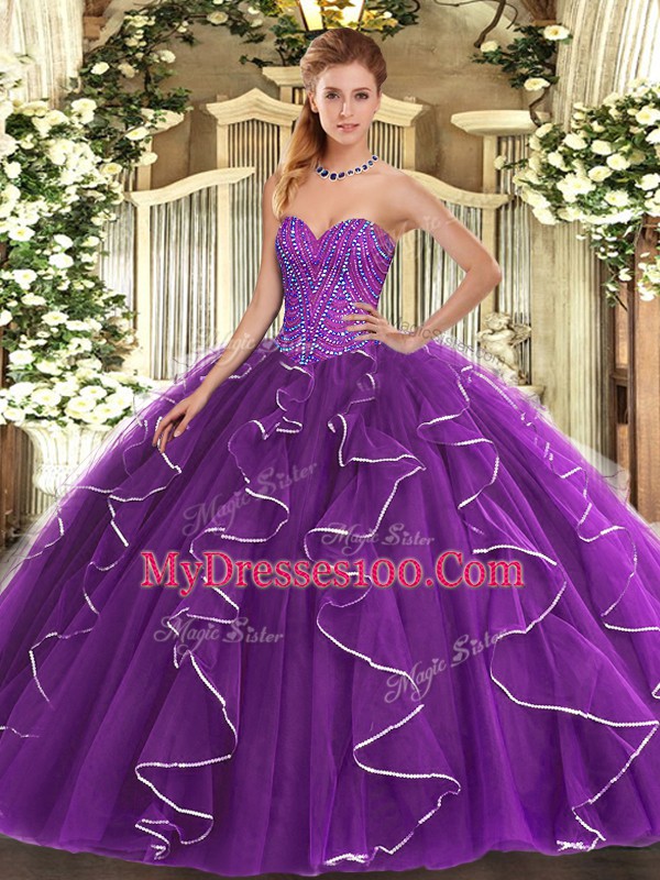 Low Price Sweetheart Sleeveless Lace Up Quinceanera Dress Purple Tulle